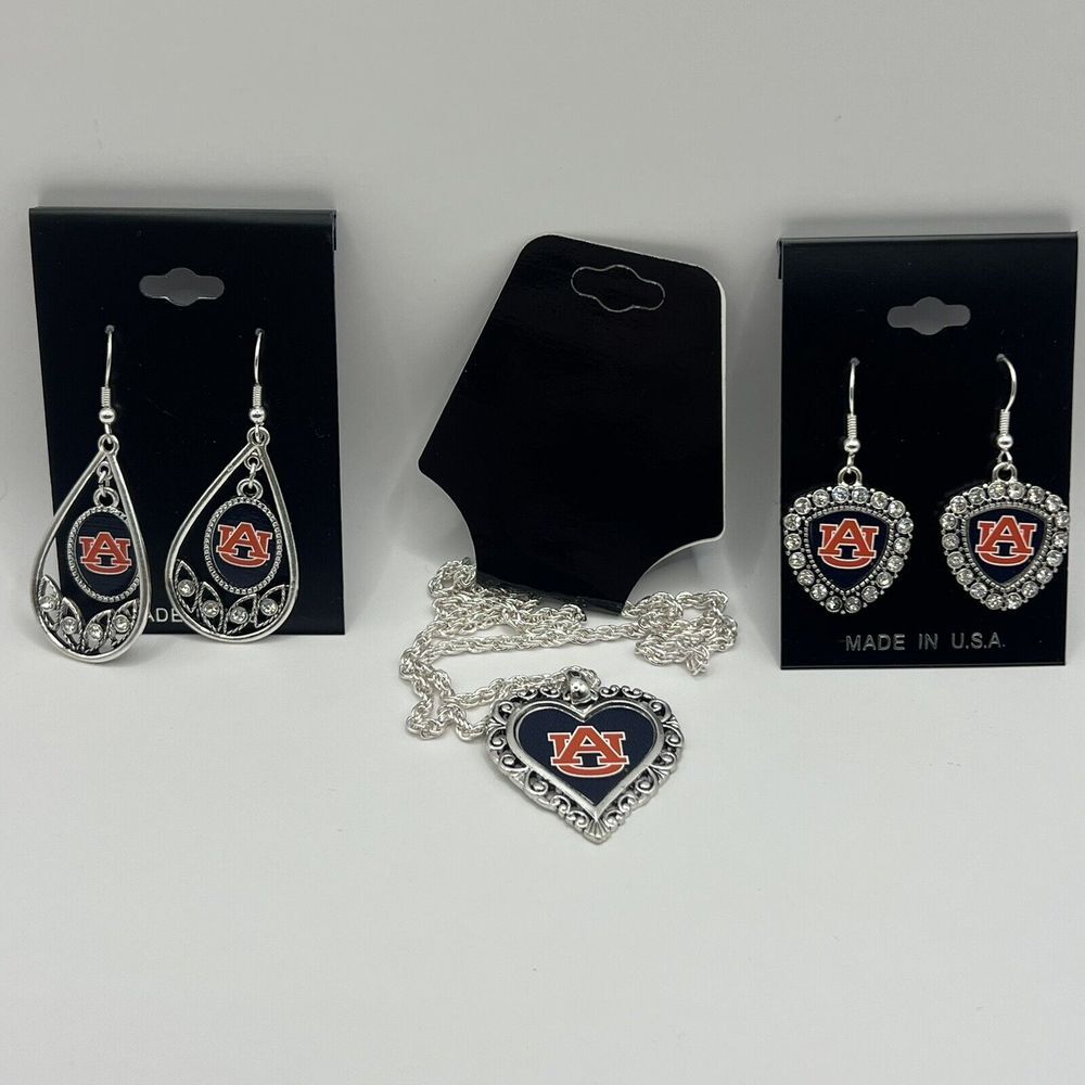 3X Of Auburn Tigers Jewelry Diamond Shape Earrings Necklace College Football